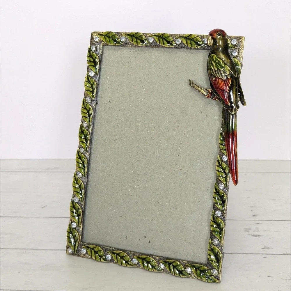 Jeweled Enamel Parrot Picture Frame Rhinestone Tropical Bird Leaves 4x6 Photo